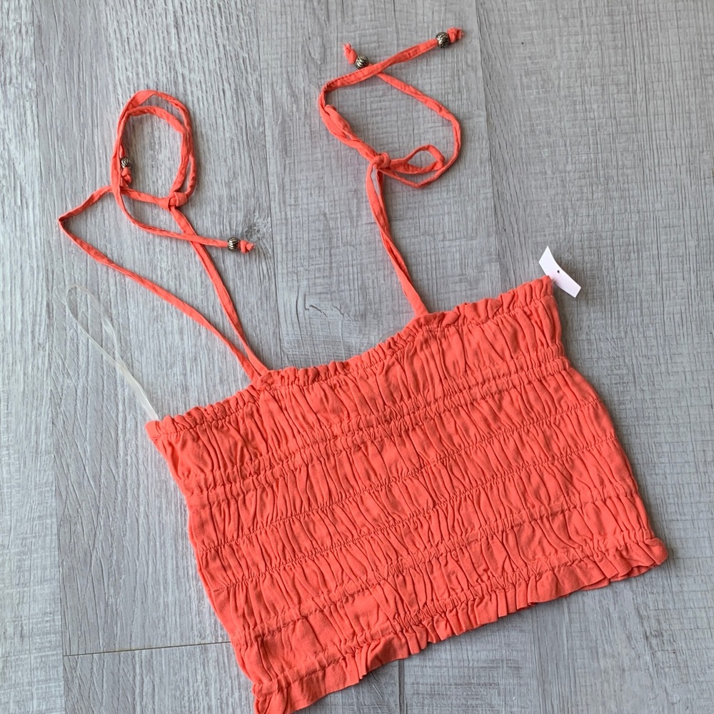 Elan Vibrant Coral Smocked Top, size S.